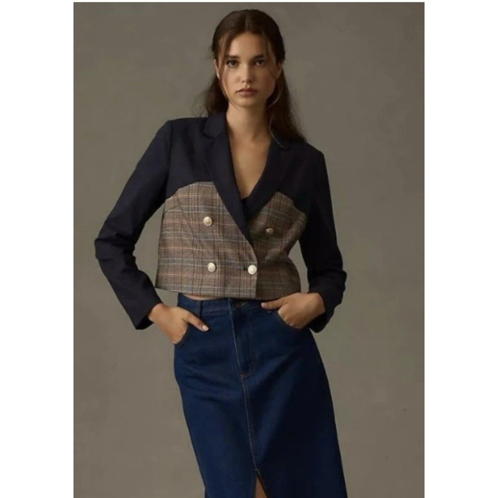 NWOT Jason Wu Mixed Media Cropped Navy Plaid Blazer Jacket Medium